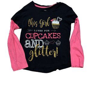 Love at first sight black long sleeve T-shirt with cupcake glitter Girls L 1385